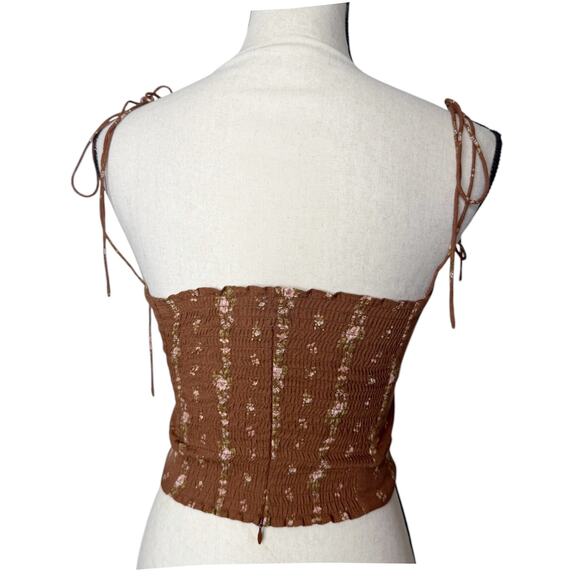 Reformation Top Crop Tank Square Neck Cami Tie Strap Brown Floral Ruched Side 0 - Picture 3 of 9